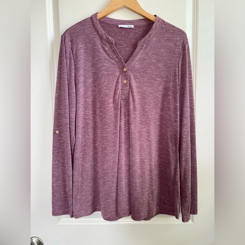 Cozy Mauve Button-Detail Long Sleeve Tee Size XL